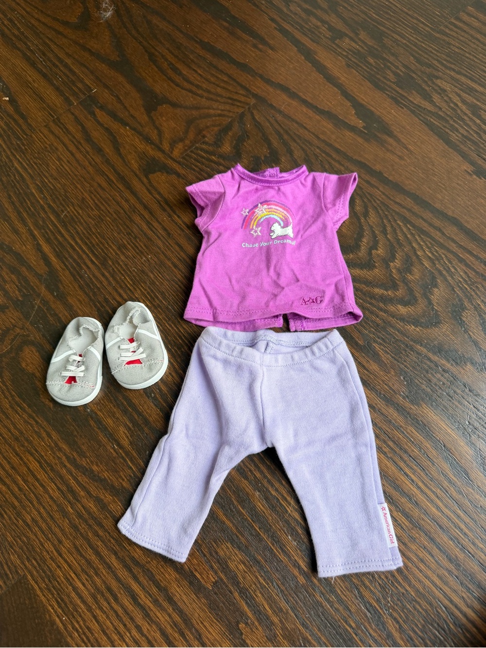 American Girl Doll Coconut Rainbow Tee with pants and sneakers
